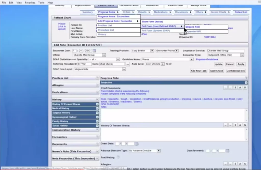 EHR 24/7 software clinical documentation and history view screenshot.