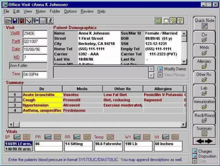 Q.D. Clinical EMR software showing patient records, diagnoses, medications and allergies.