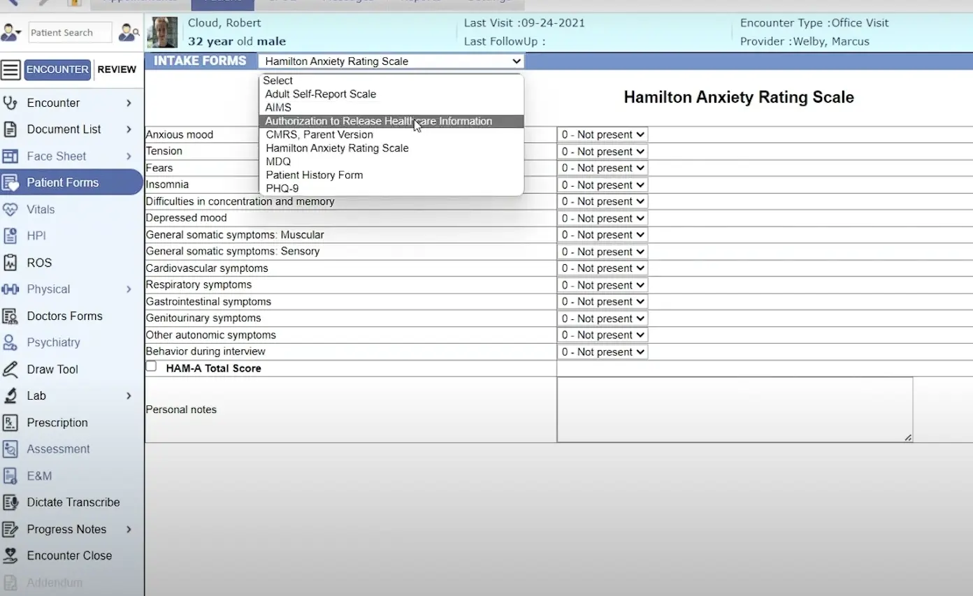 PrognoCIS psychiatry EHR software demo screenshot